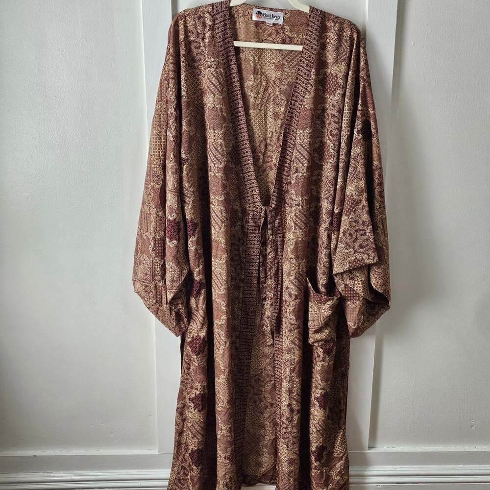 Batik Keris Indonesia Kimono Robe One Size Brown Batik Maxi Duster Boho